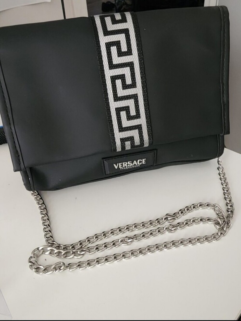Versace Luxurious Black, Silver Mini Clutch Bag With Silver Chain Strap